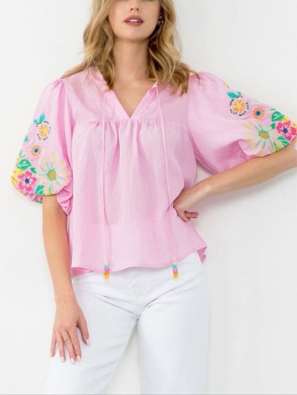 THML Pink Embroidered Puff Sleeve Tassel Tie Top Medium